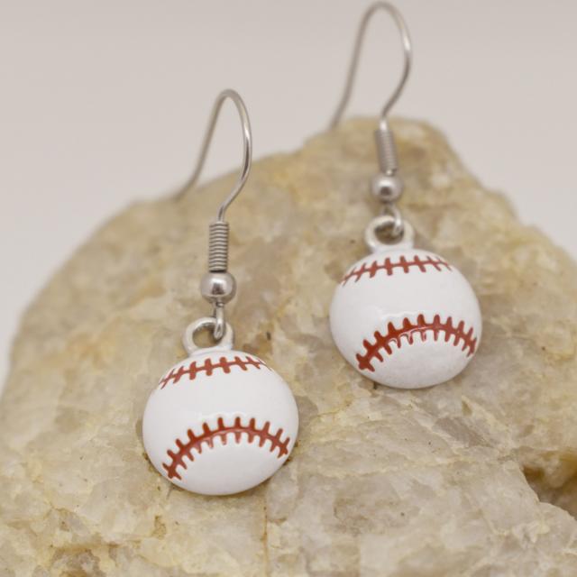 Enameled Baseball Earrings with Red Stitches