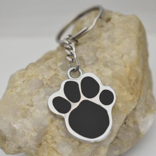 Cat Dog Paw Animal Pet Silver and Black Enamel Keychain