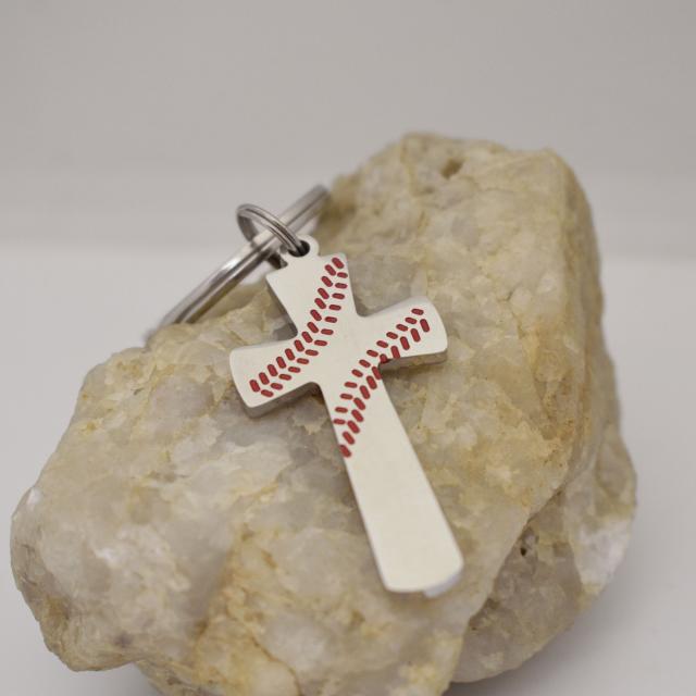 Baseball Red Stitches Cross Bible Verse PHIL 4 13 I Can Do All Things Stainless Steel Keychain