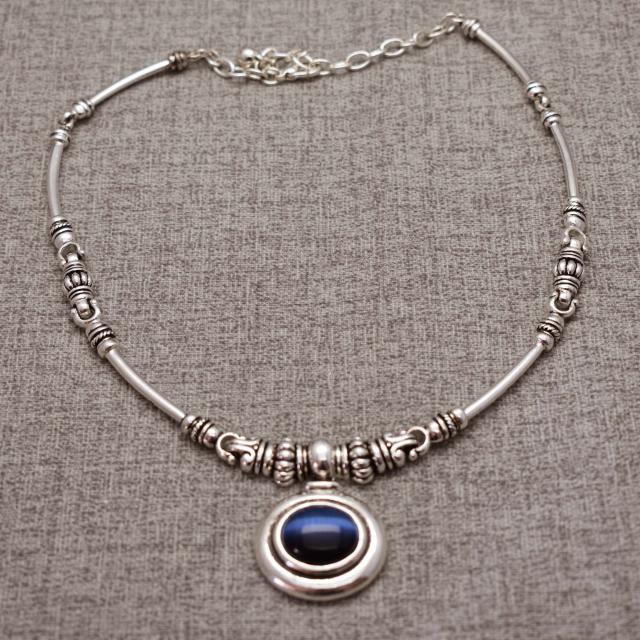 Silver Tone Metal Link Choker Necklace with Blue Cats Eye Stone