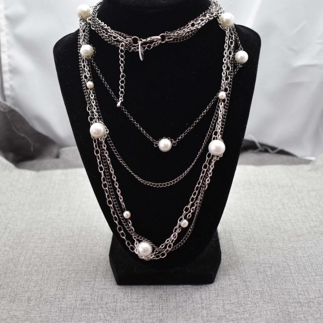 NY Signed Multi Strand Silver and Black Necklace with Faux Pearl Accents