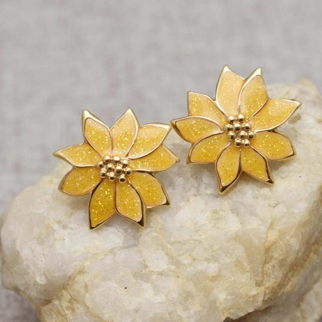 Vintage Yellow Enamel and Gold Tone Poinsettia Earrings