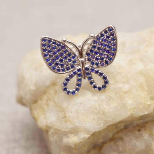 Silver Tone and Blue Crystal Rhinestone Butterfly Scarf Pin Holder