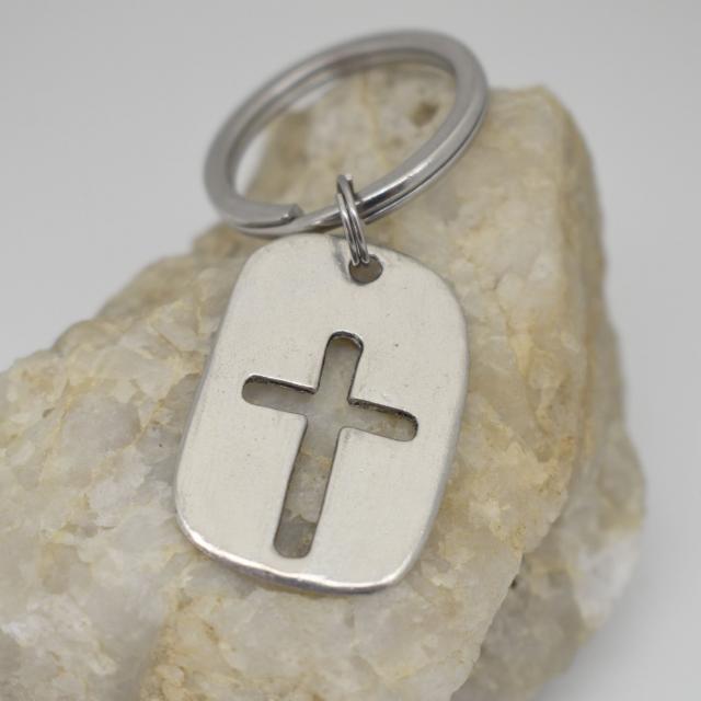 Pewter Rectangle Cross Keychain
