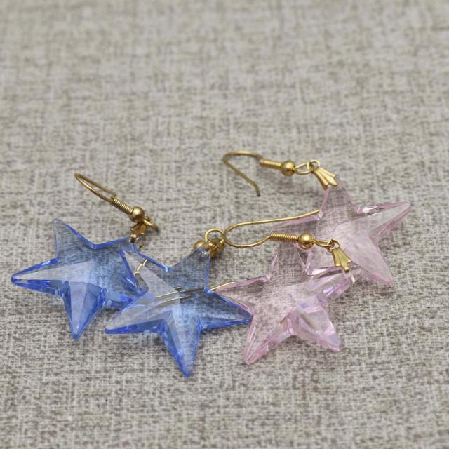 Gold Tone Pink and Blue Glass Star Drop Earrings