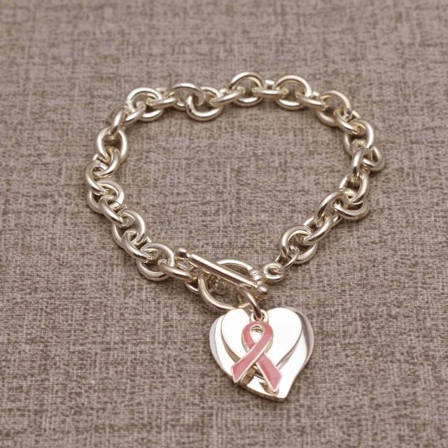 Silver Tone Oval Link Double Heart and Breast Cancer Awareness Pink Ribbon Bracelet