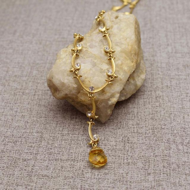 Gold Tone Baroque Style Clear Crystal Necklace with Citrine Dangle