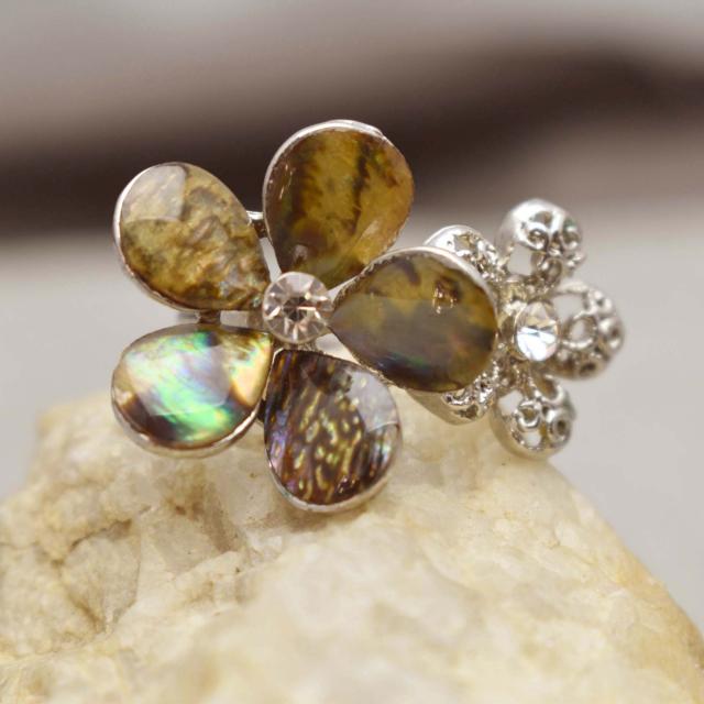 Silver Tone Abalone Flower Costume Ring