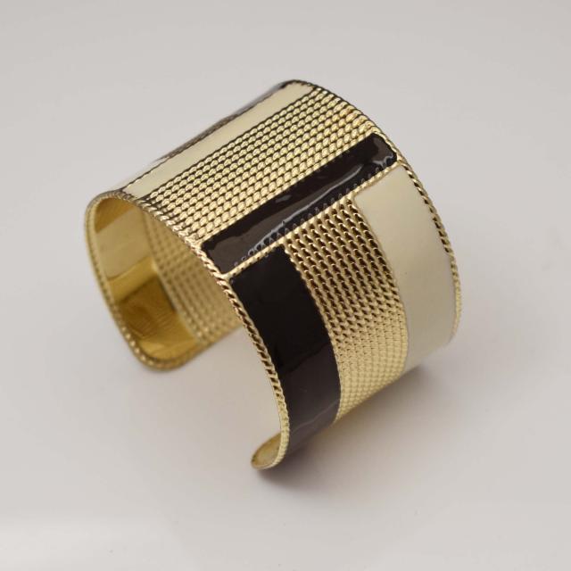 Gold Tone Cuff with Black and Cream Enamel 