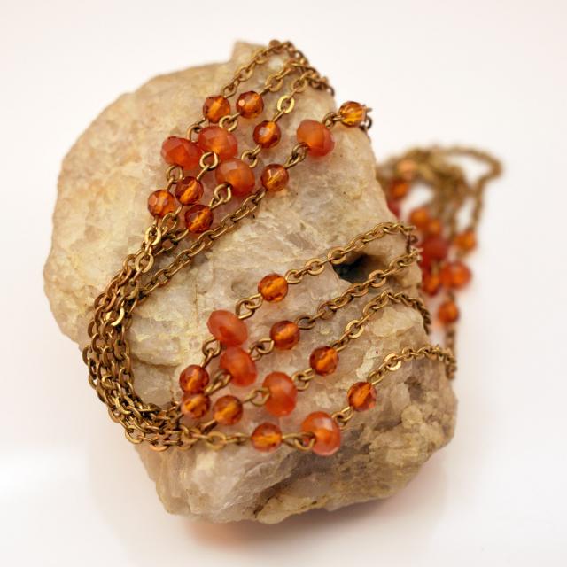 Gold Tone Chain Necklace with Orange Faceted Beads